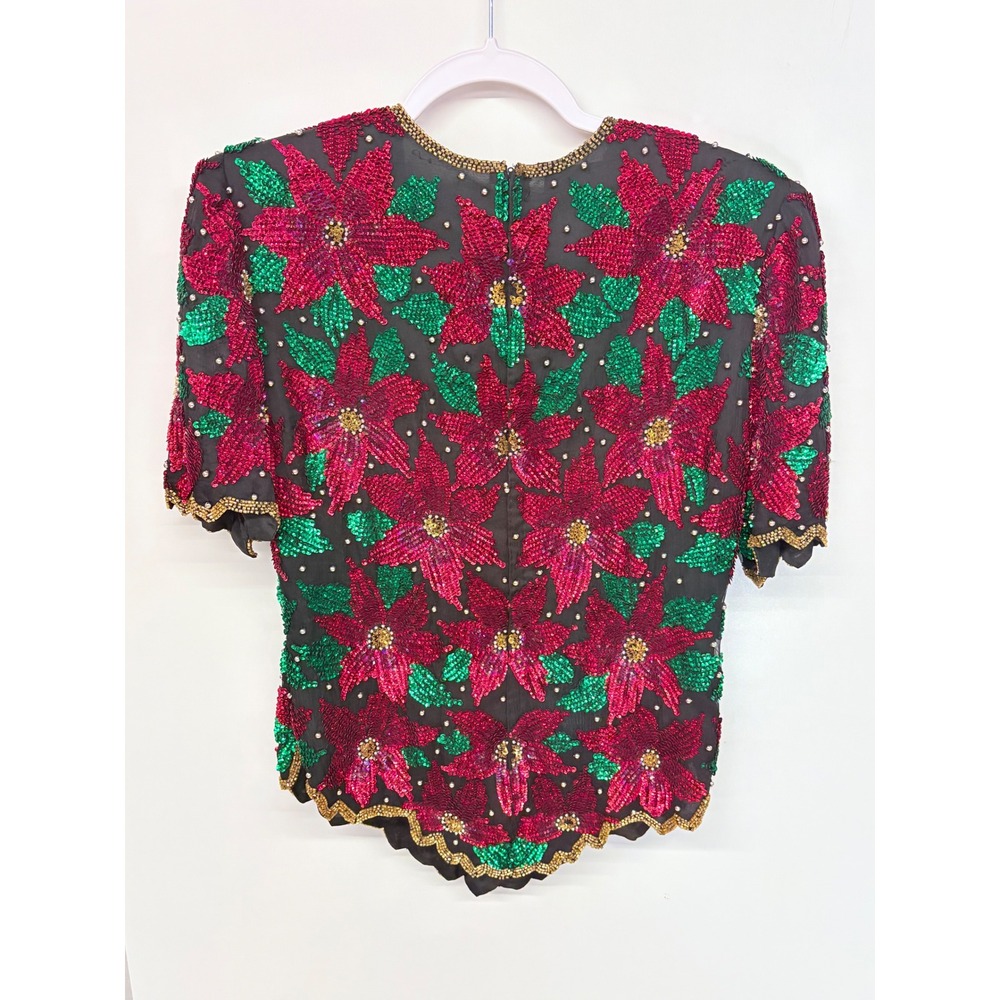 Laurence Kazar Christmascore Poinsettia Top Sz L Red Green Beaded Vintage Glam - Picture 4 of 4